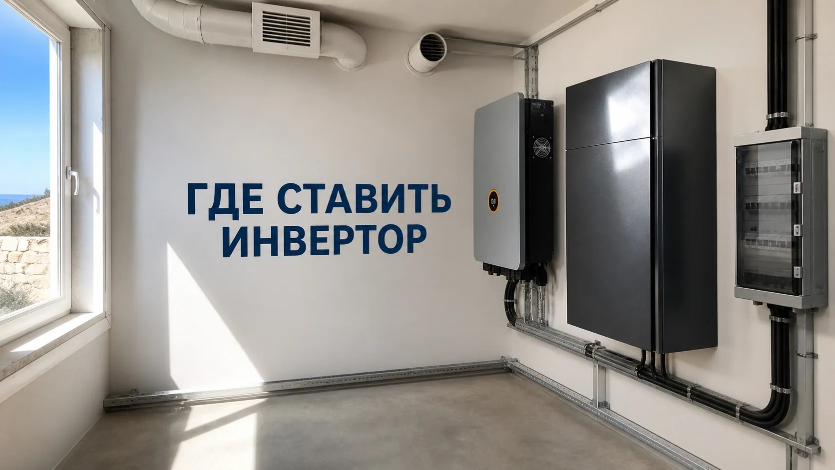 Инвертор и аккумуляторная батарея, установленные на стене в техническом помещении с надписью ГДЕ СТАВИТЬ ИНВЕРТОР.