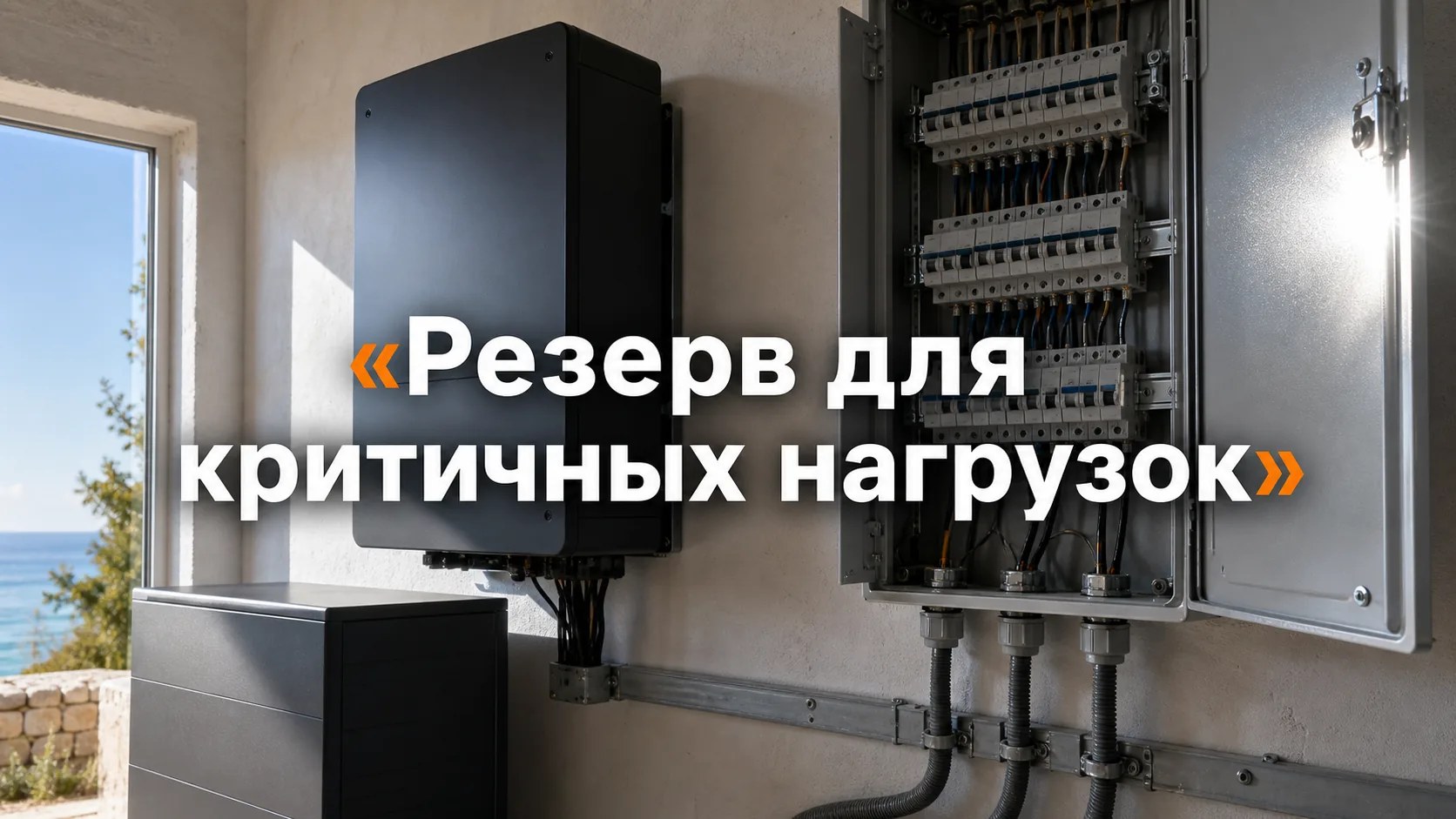 Инвертор, аккумулятор и распределительный щит в техническом помещении с видом на море. Надпись: «Резерв для критичных нагрузок».